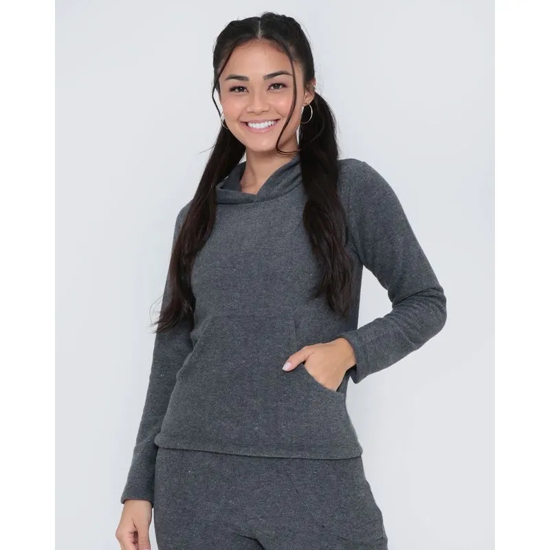 Blusa Fitness Com Capuz Bouclê Cinza Escuro P