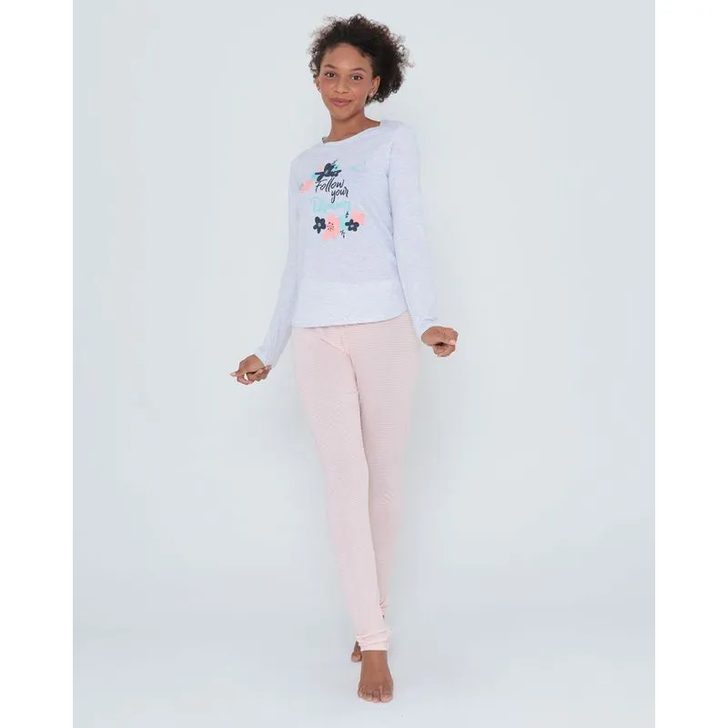 Pijama Longo Estampado Listrado Mescla Cinza G