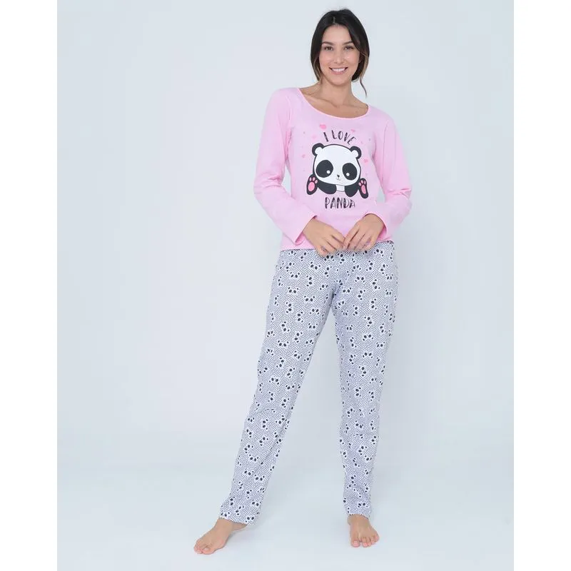 Pijama Longo Pandas Rosa Claro G