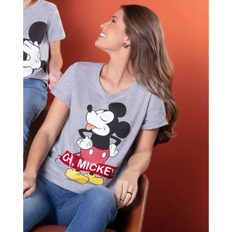 Camiseta Feminina Algodão Disney Mickey Manga Curta Cinza M