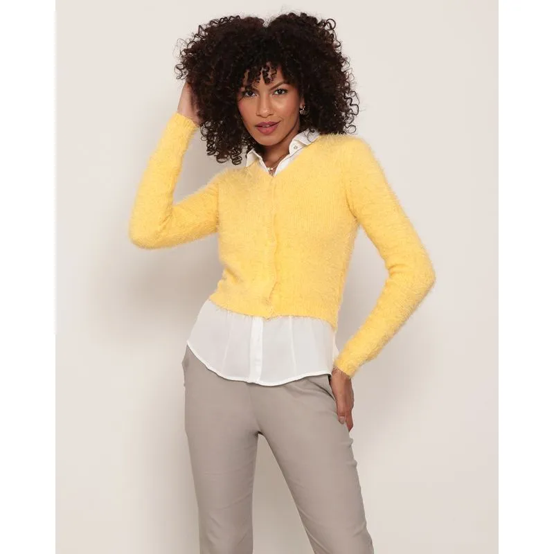 Cardigan Chenille Tricô Liso Amarelo M