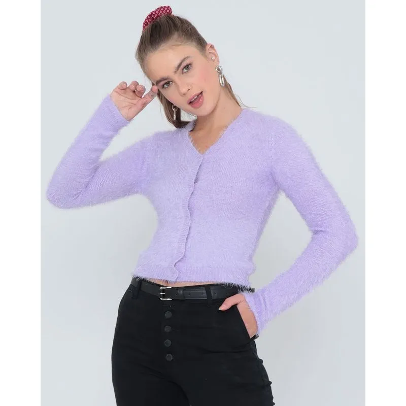 Cardigan Chenille Tricô Liso Lilás P