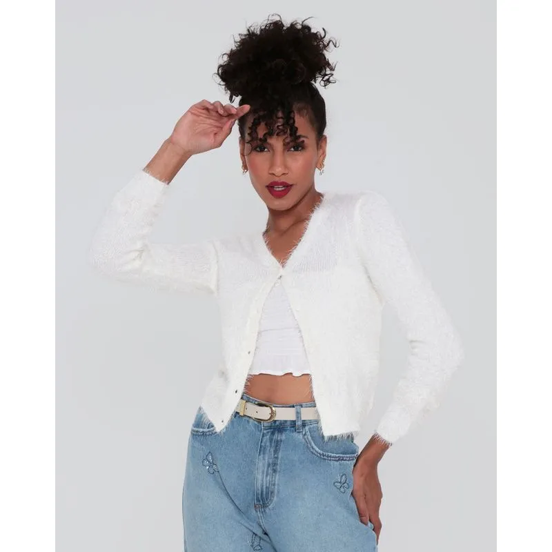 Cardigan Chenille Tricô Liso Off White GG