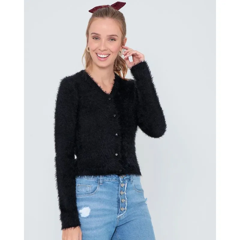 Cardigan Chenille Tricô Liso Preto G