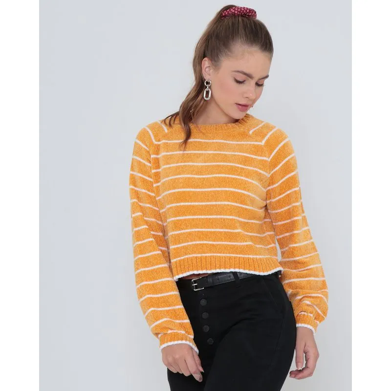 Suéter Feminino Cropped Chenille Listrado Mostarda P