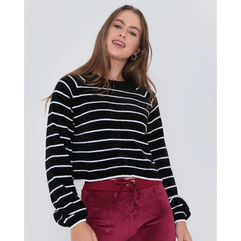 Suéter Feminino Cropped Chenille Listrado Preto M