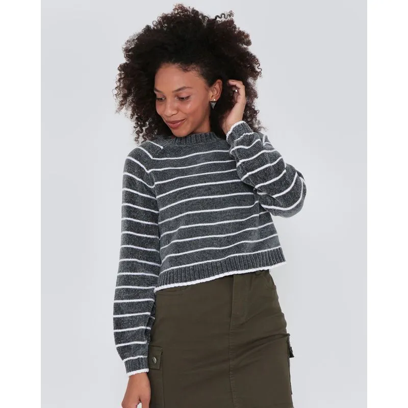 Suéter Feminino Cropped Chenille Listrado Cinza P