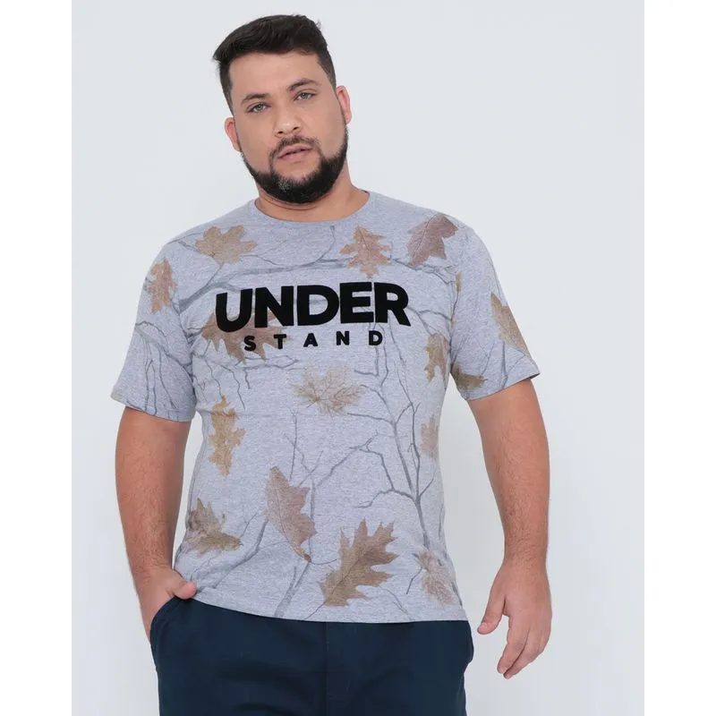 Camiseta Plus Size Estampa Aveludada Cinza Claro G3