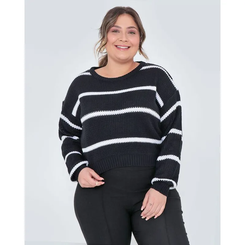 Suéter Plus Size Feminino Tricô Listrado Preto G3