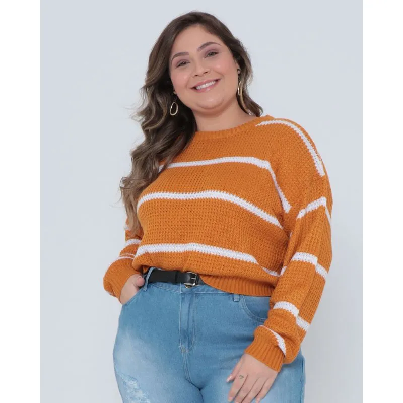 Suéter Plus Size Feminino Tricô Listrado Mostarda G3