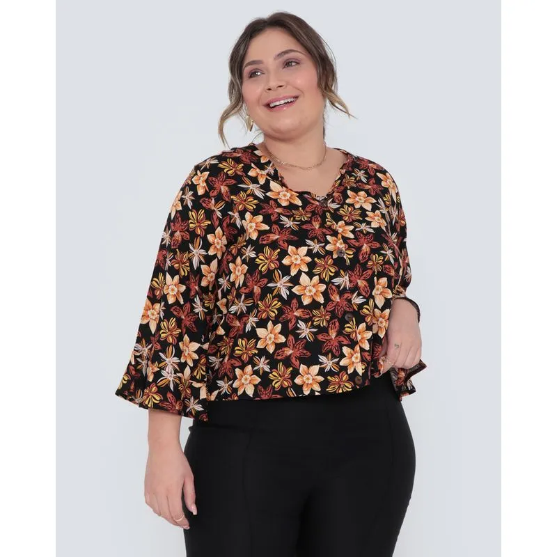 Blusa Bata Plus Size Estampa Floral Preta G2