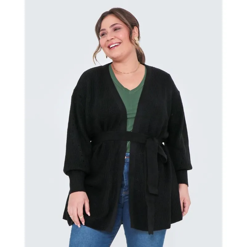 Cardigan Plus Size Feminino Tricô Alongado Preto G3