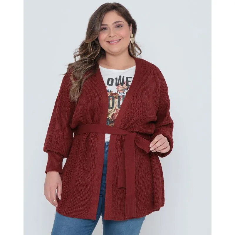Cardigan Plus Size Feminino Tricô Alongado Marrom G2