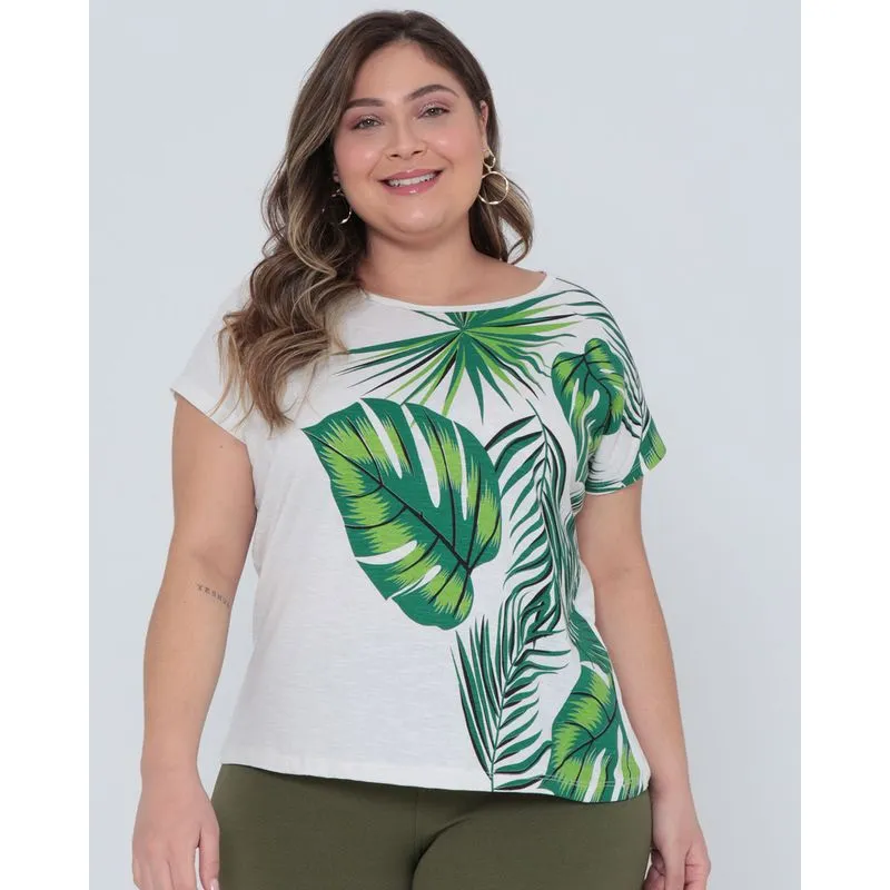 Blusa Plus Size Estampa Folhagem Off White G3