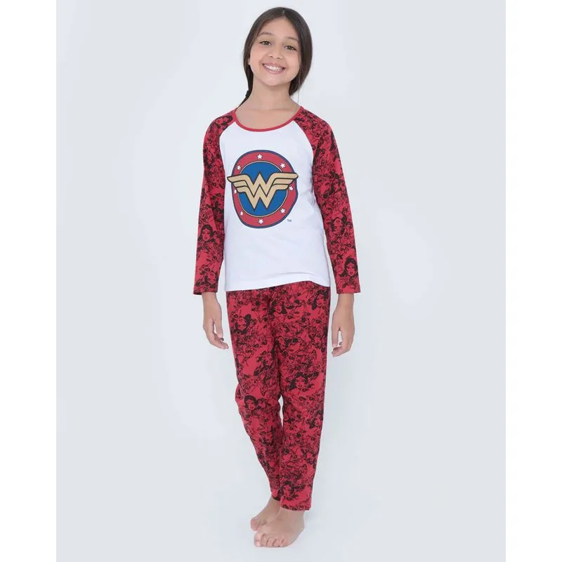 Pijama Infantil Longo Mulher Maravilha Disney Branco 10