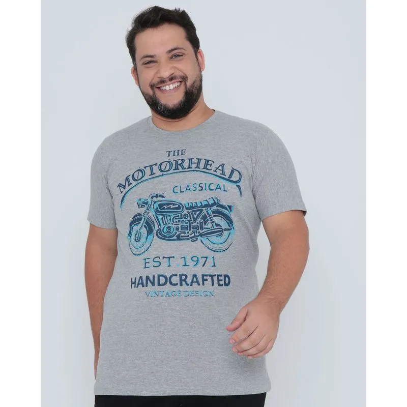 Camiseta Plus Size Estampa Motocicleta Cinza G3