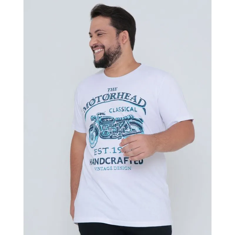 Camiseta Plus Size Estampa Motocicleta Branca G3