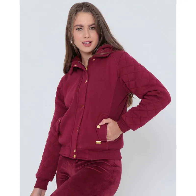 Casaco Moletom Feminino Pelúcia Matelassê Vinho GG