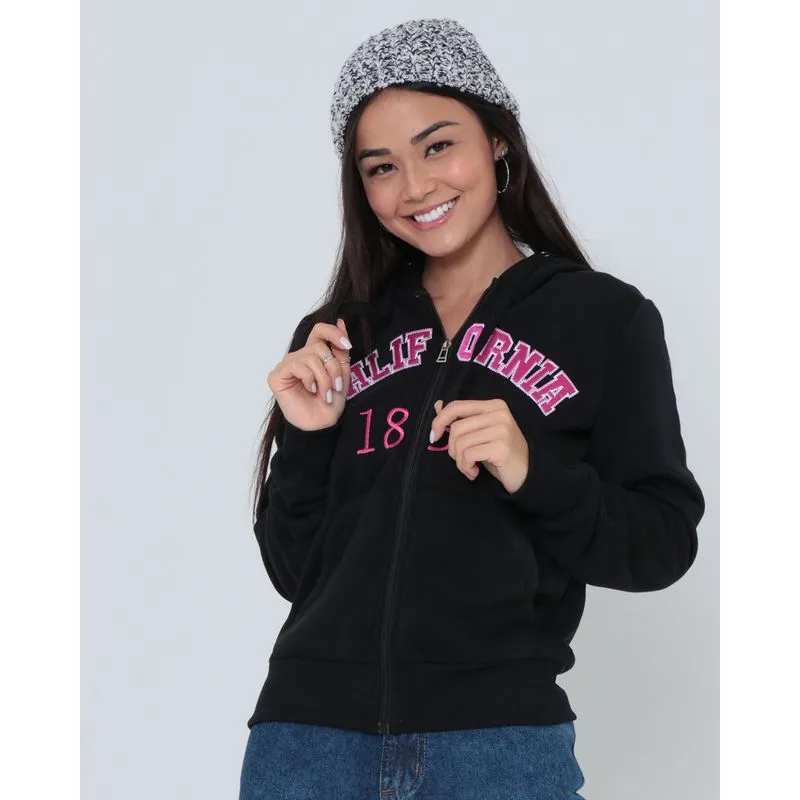 Casaco Moletom Feminino Estampa Bordada Preto P
