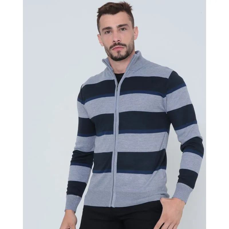 Suéter Masculino Tricô Zíper Listrado Cinza GG