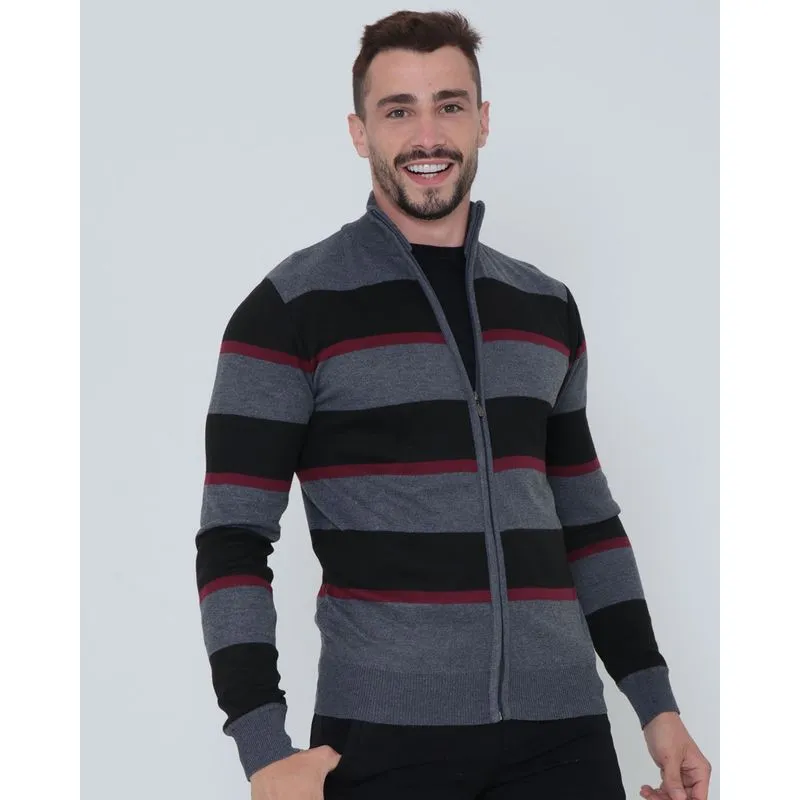 Suéter Masculino Tricô Zíper Listrado Cinza Escuro P