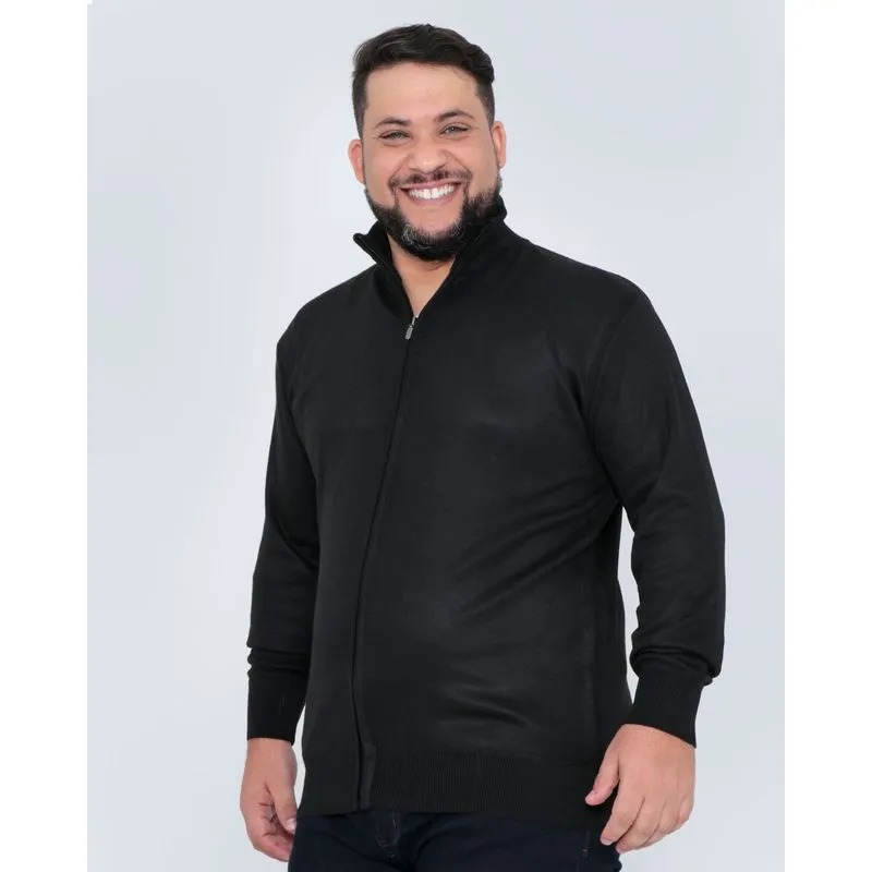 Casaco Masculino Plus Size Gola Alta Tricô Preto G2