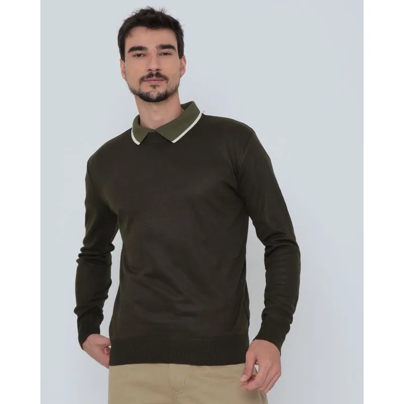 Suéter Masculino Tricô Básico Verde Escuro G