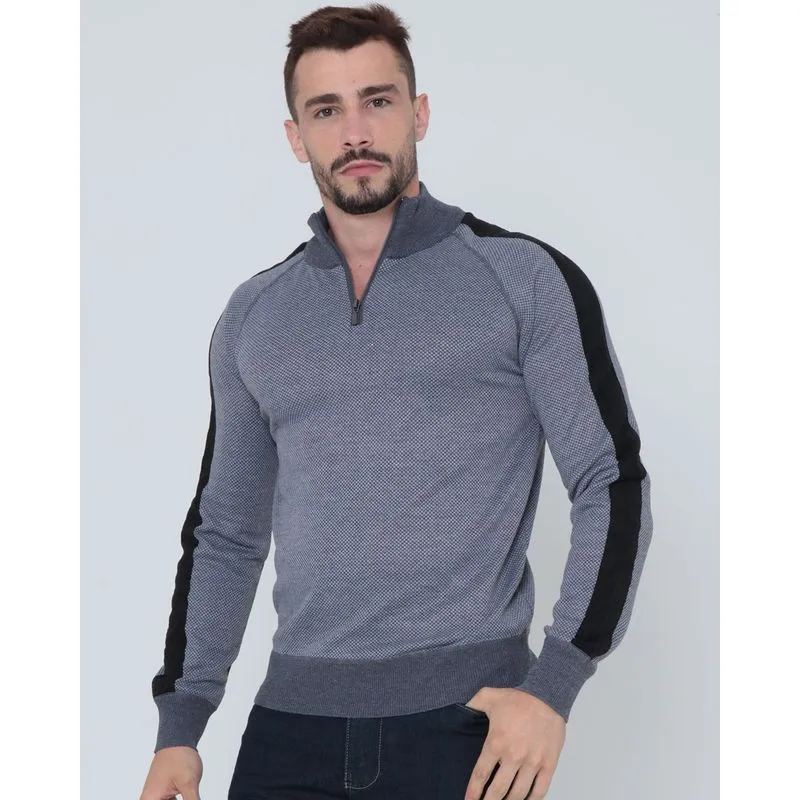 Suéter Masculino de Tricô Zíper Cinza Claro G