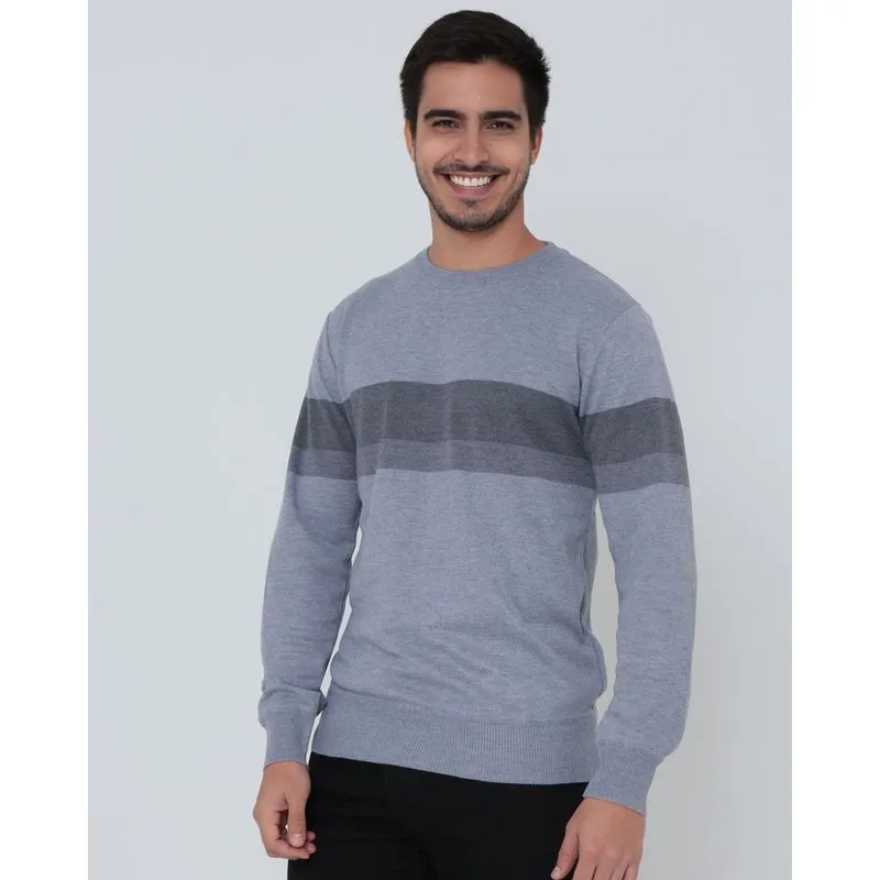 Suéter Masculino De Tricô Estampa Listra Cinza M
