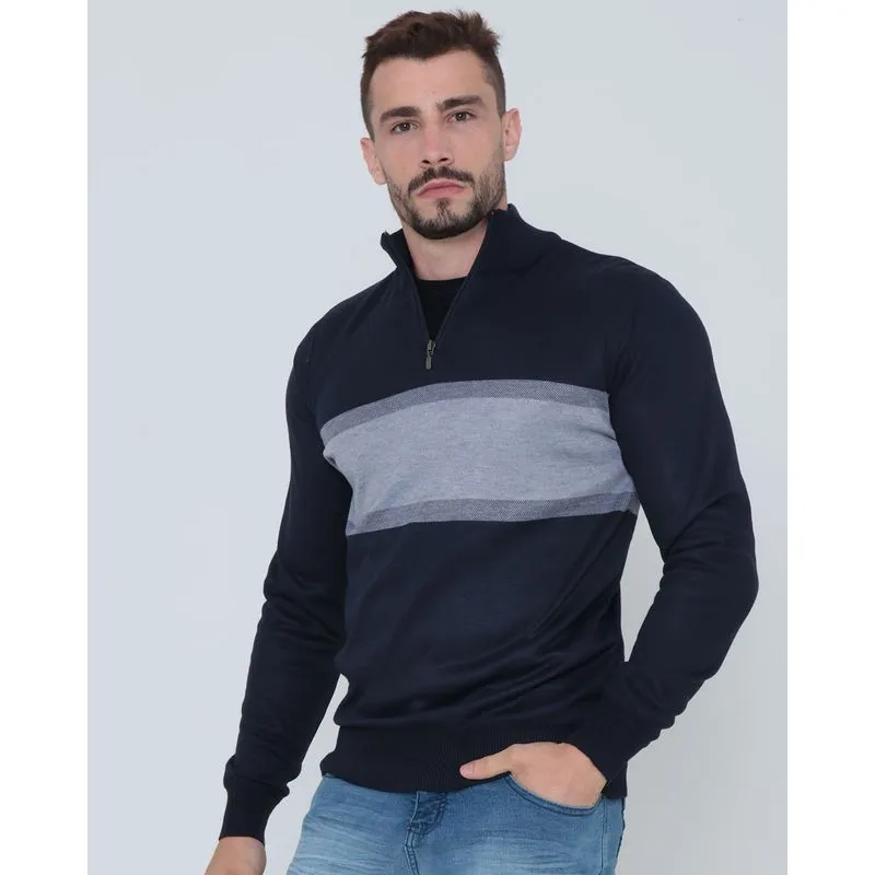 Suéter Tricô Gola Alta Zíper Azul Marinho GG