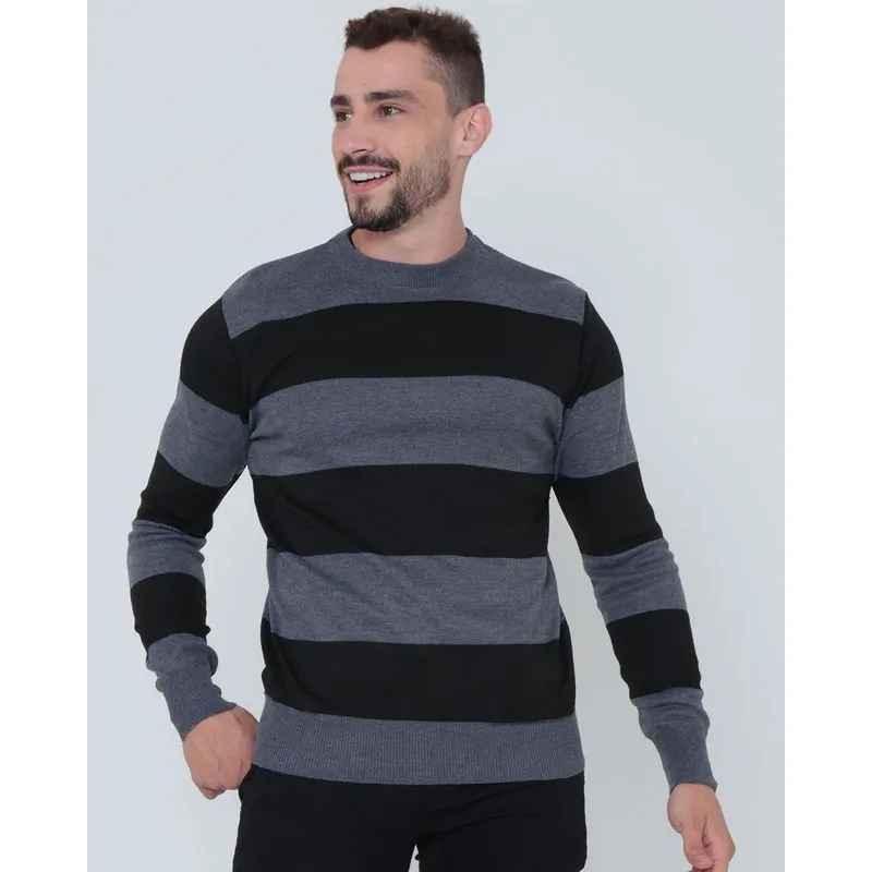 Suéter Masculino Tricô Estampa Listras Cinza P