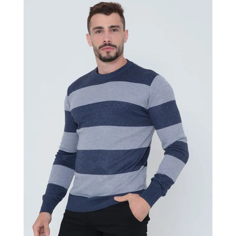 Suéter Masculino Tricô Estampa Listras Azul GG