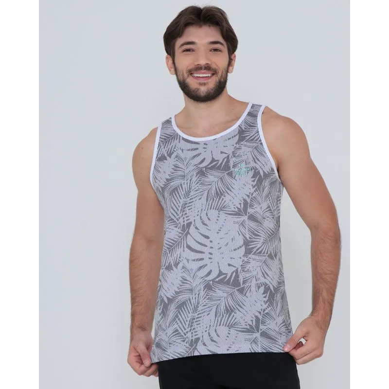 Regata Masculina Estampa Listrada Folhas Branca G