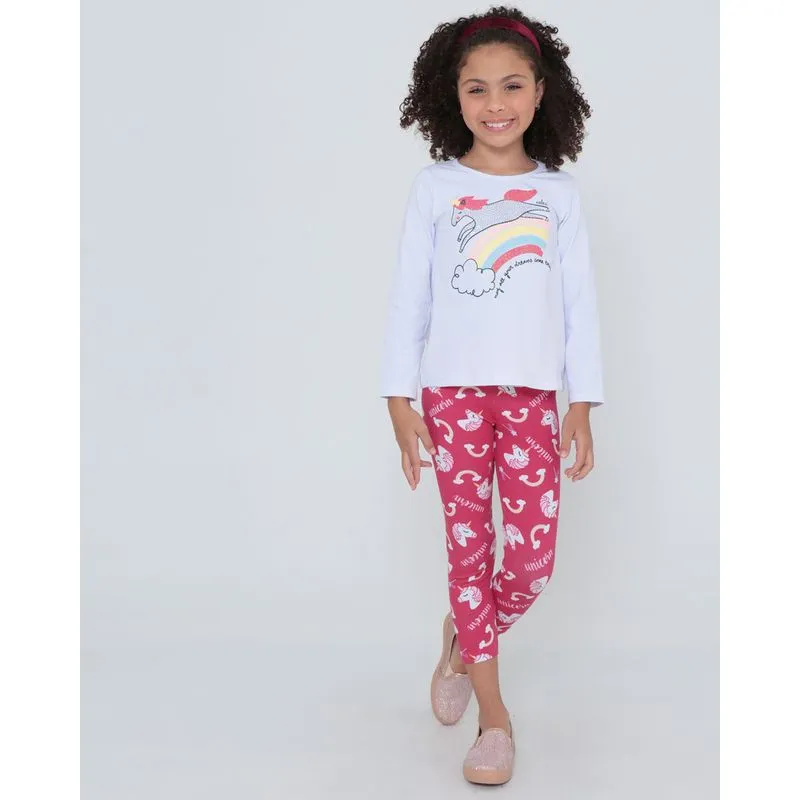 Conjunto Infantil Manga Longa Unicórnios Branco 8