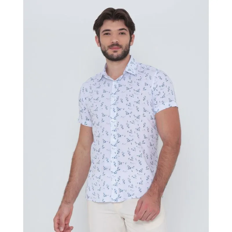 Camisa Masculina Manga Curta Slim Tropical Branca GG