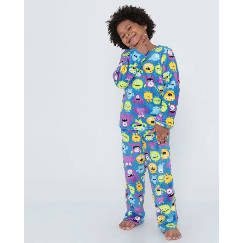 Pijama Infantil Longo Pelúcia Monstrinhos Azul 8