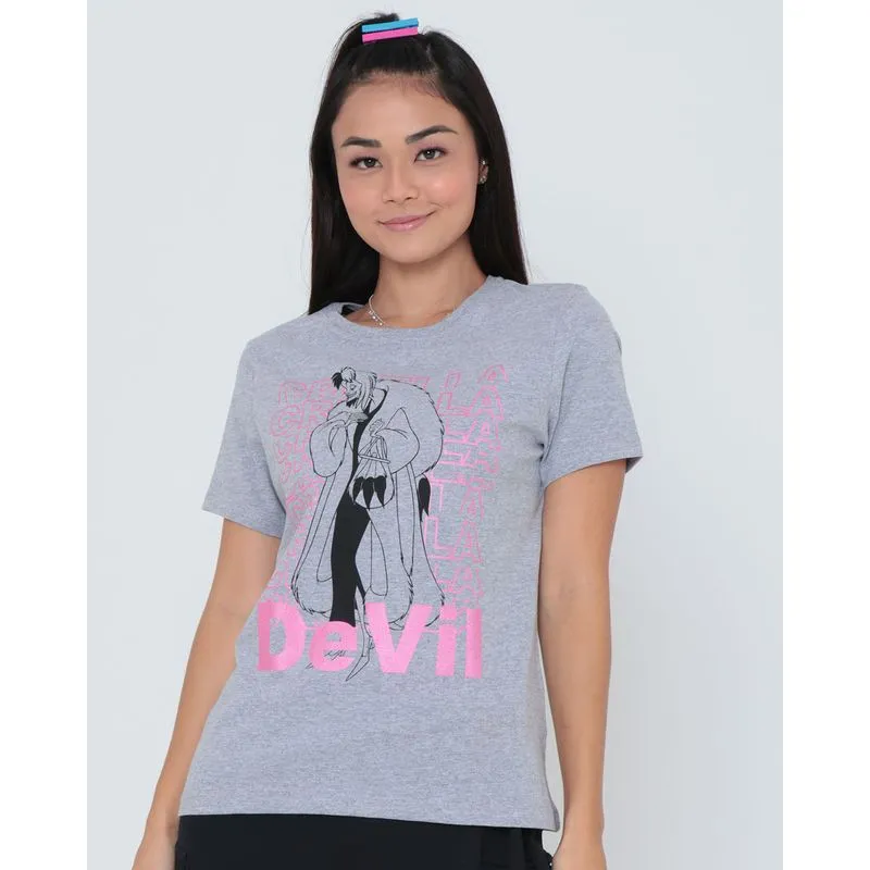 Blusa Feminina Manga Curta Estampa Cruela Disney Mescla Cinza M