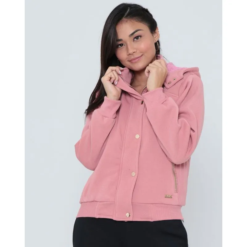 Casaco Moletom Feminino Em Pelúcia Com Zíper Rosa Claro P