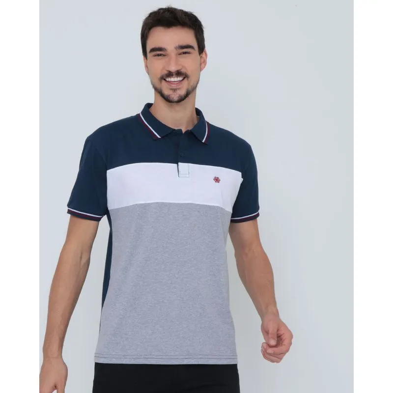 Polo Masculina Recortes Bordado Azul Marinho P