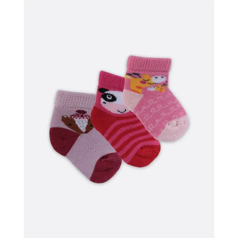 Kit Meia Bebê 3 Pares Bichinhos Pink Rosa Lilás 13 A 15