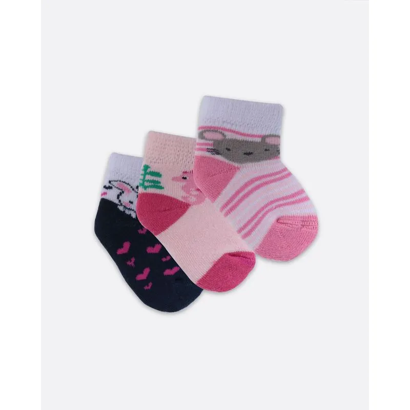 Kit Meia Bebê 3 Pares Bichinhos Branca Rosa Marinho 13 A 15