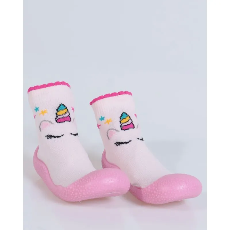 Meia Com Sola Infantil Unicórnio Rosa Claro 15/16