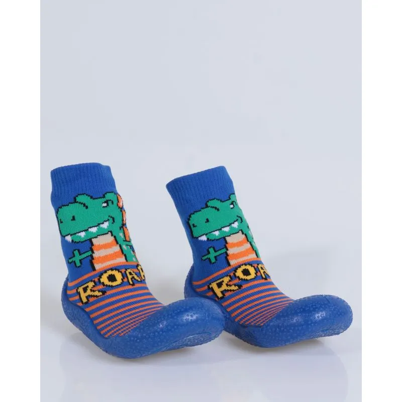 Meia Com Sola Infantil Dino Listrada Azul 17/18