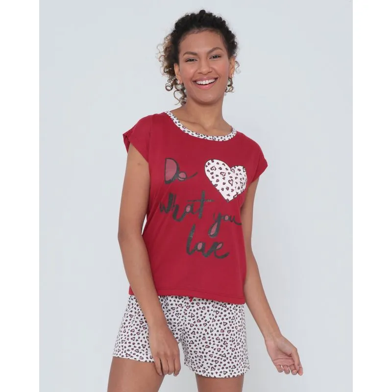 Pijama Manga Curta Estampa Animal Print Vermelho P
