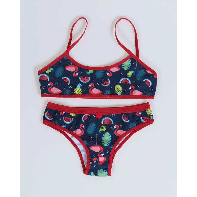 Conjunto Lingerie Juvenil Flamingos Azul Marinho M