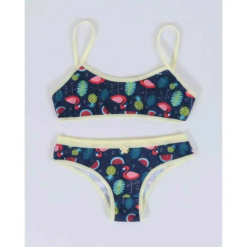 Conjunto Lingerie Juvenil Poá Flamingos Azul Marinho G