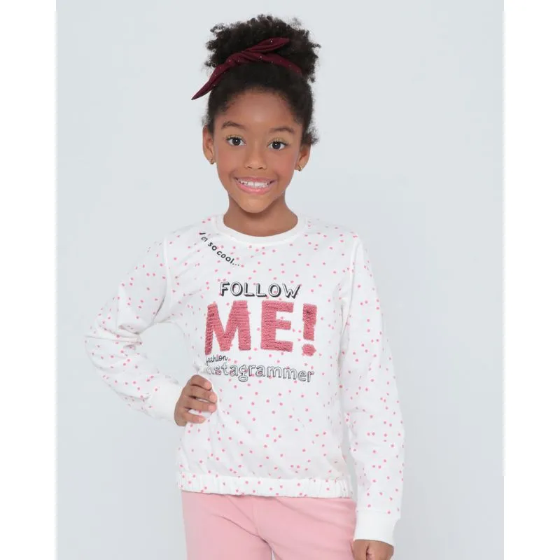 Blusa Infantil Moletom Paetê Reversível Poá Off White 4