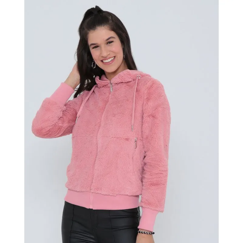 Jaqueta Feminina Pelúcia Com Capuz Rosa Claro G