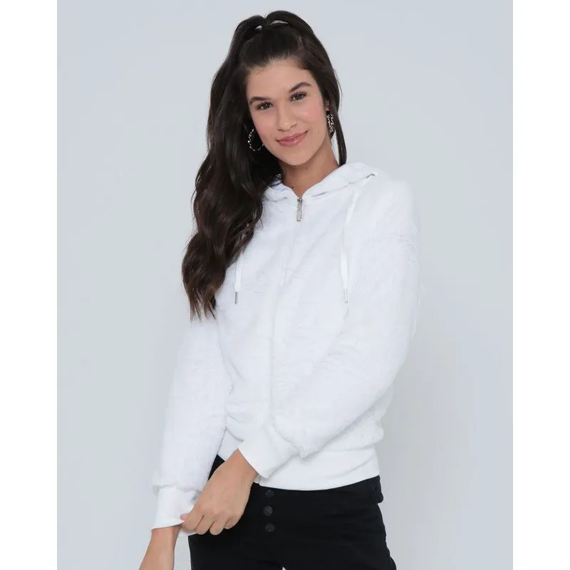 Jaqueta Feminina Pelúcia Com Capuz Branca GG