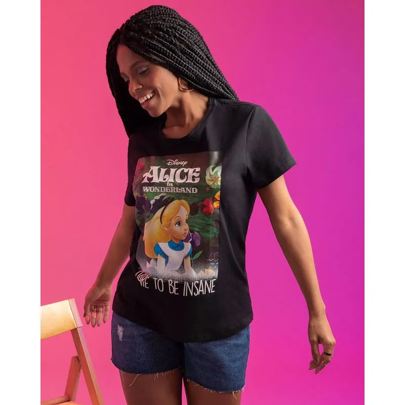 Camiseta Feminina Algodão Disney Alice Manga Curta Preta GG